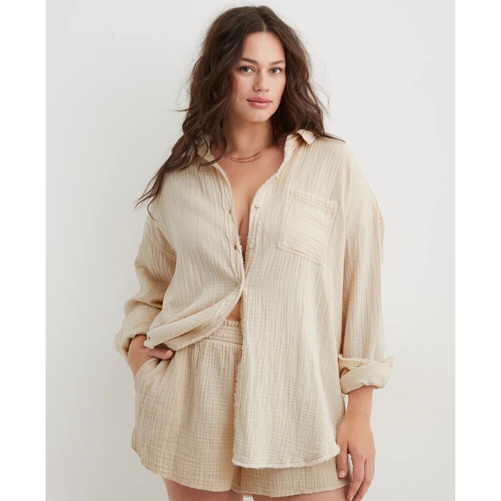 Aerie Gauzy Coverup Shirt Soft Oat Cream Large Lagenlook Beach Resort Vacation - Picture 1 of 10